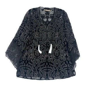 Soft Surrounding Black & Silver Top Lace Sleeves Rhinestones Sheer Blouse Size M